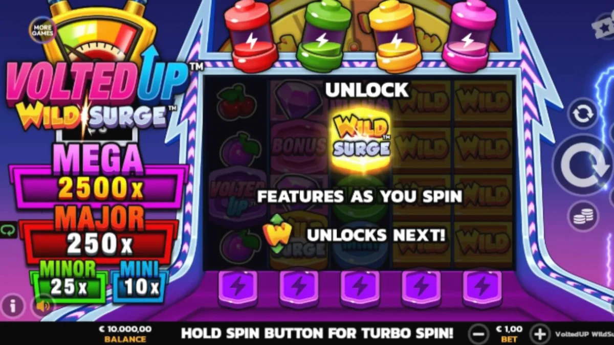 Tampilan visual slot VoltedUP WildSurge dengan tema neon futuristik dan simbol klasik.