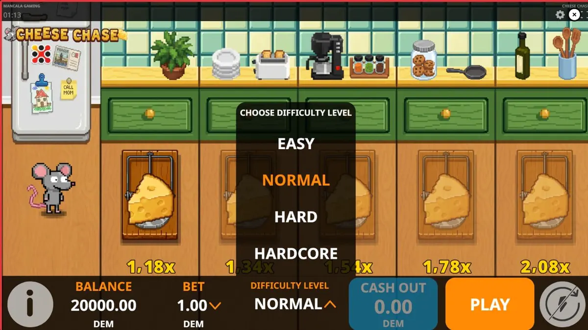 Tampilan visual retro 8-bit dari permainan slot Cheese Chase